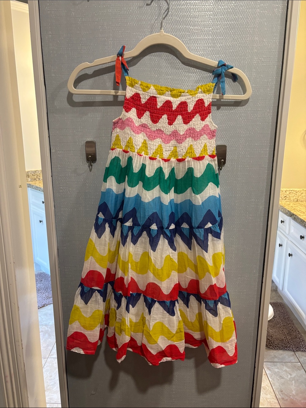 Mini Boden Girls Wave-Print Tiered Sundress in Red Pink Yellow Green Blue